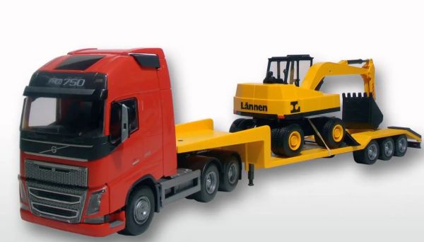 EMEK33755 - VOLVO FH16 6x4 rouge avec porte-engin 3 essieux et pelleteuse LANNEN - 1